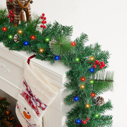 9 ft Pre-lit Lighted Christmas Garland Decoration with Timer, Battery Operated Waterproof Artificial Xmas Garlands with 50 Coloured Lights, Green Pine Branches, for Indoor/Outdoor/Fireplace Decor