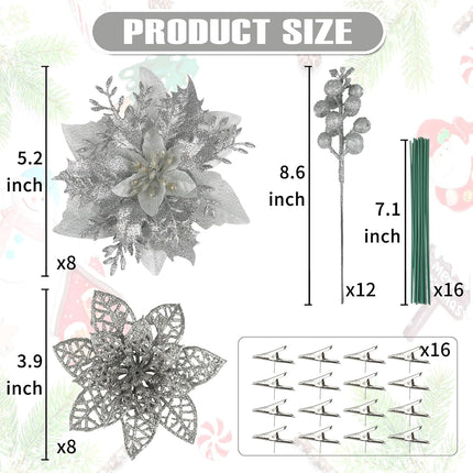 Sliver Christmas Flowers Artificial, 28 Pack sliver Poinsettia Artificial Christmas Flowers and Berry Stems for Christmas Tree decorations Xmas home Decor for Wreath Holiday Party indoor outdoor