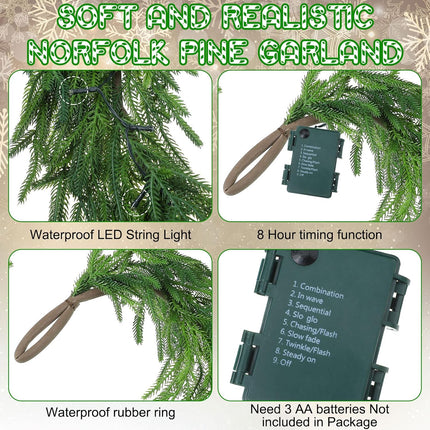 Real Touch Norfolk Pine Garland Faux Christmas Garland Pre Lit Artificial Pine Greenery Garlands with Warm White LED Lights for Xmas Holiday Wedding Party Outdoor Decorations (6 Feet, 1)
