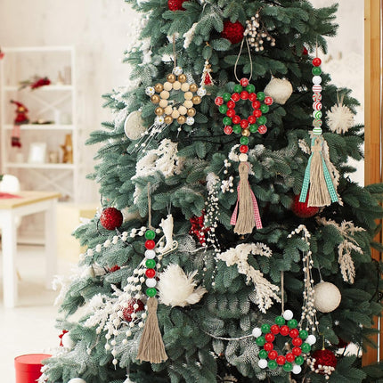 300 Pcs Christmas Wooden Beads Xmas DIY Craft Wood Beads Candy Cane Swirl Beads Red Green White 16mm Round Beads for Christmas Garland Jewelry Making Party Home Tree Decoration with Rope and Tassels