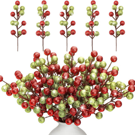 24 Pack Christmas Glitter Berry Stems 9.45'' Red Green Artificial Christmas Picks for Christmas Tree Ornaments Glitter Berry Branches for Xmas DIY Crafts Wreath Decorations Holiday Year