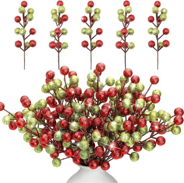 24 Pack Christmas Glitter Berry Stems 9.45'' Red Green Artificial Christmas Picks for Christmas Tree Ornaments Glitter Berry Branches for Xmas DIY Crafts Wreath Decorations Holiday Year