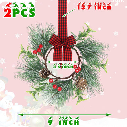 XJar 6 Pcs Mini Christmas Wreaths with Snowy Pine Needles，Pine Cone, Berry and Plaid Bow Ribbon Hanging Decorative for Cabinets Kitchen Window Outdoor Indoor Chair Wall Decor