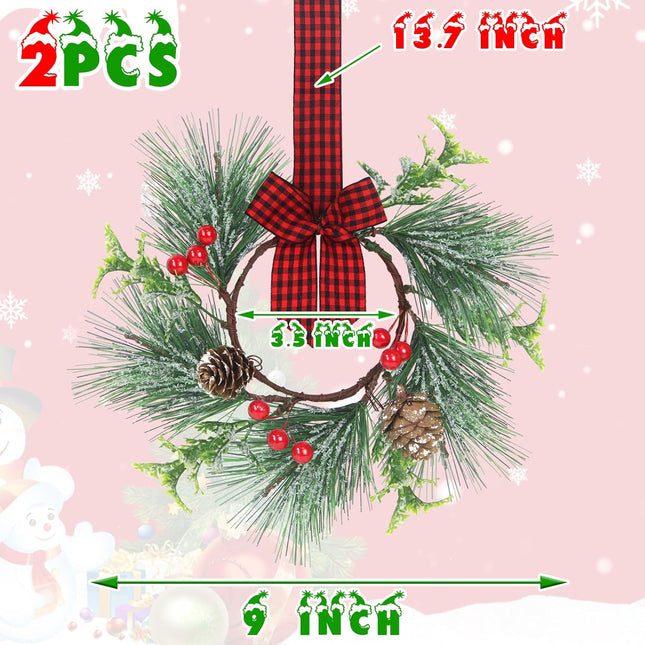 XJar 6 Pcs Mini Christmas Wreaths with Snowy Pine Needles，Pine Cone, Berry and Plaid Bow Ribbon Hanging Decorative for Cabinets Kitchen Window Outdoor Indoor Chair Wall Decor