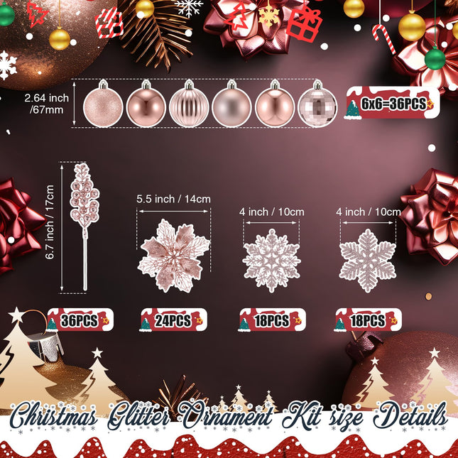 Ceenna 132 Pcs Christmas Tree Ornaments Set Glitter Poinsettia Flowers 2.36 inch Christmas Balls Snowflakes Decorations Artificial Berry Picks for Xmas Tree Wreath, Hooks Included (Rose Gold,Delicate)