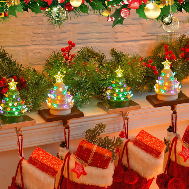 Christmas Ceramic Tree Stocking Holders with LED Lights - 4 Pack Green and White Christmas Tree Stocking Hangers for Mantle, Fireplace, Window Decoration