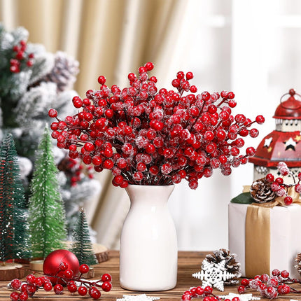 Janinka 60 Pcs Christmas Snow Frosted Artificial Berry Branches 7.87 Inch Floral Berry Picks Holly Berry Stems Berry Picks and Sprays for Xmas Tree Garland Wreath Vase Filler Decor(Red)