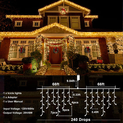 Icicle Christmas Lights Outdoor, 132ft 1280 LED Icicle Lights for Outside, Plug in Twinkle Lights Indoor with 8 Modes Timer Waterproof for House Holiday Decor Wedding Christmas Decorations, Warm White