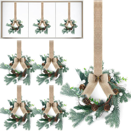 Lyrow 8 Pcs Mini Christmas Kitchen Cabinet Wreaths with Burlap Ribbon Artificial Green Leaves White Berries Hanging Wreaths for Home Front Door Christmas Holiday Indoor Decor
