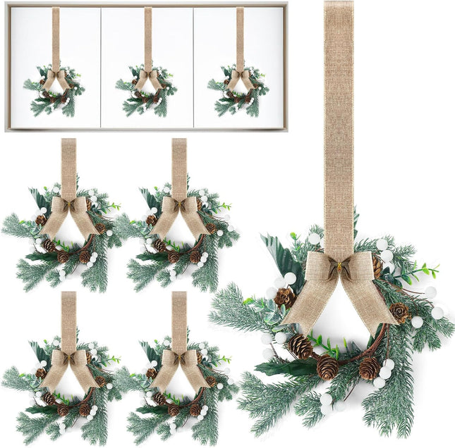 Lyrow 8 Pcs Mini Christmas Kitchen Cabinet Wreaths with Burlap Ribbon Artificial Green Leaves White Berries Hanging Wreaths for Home Front Door Christmas Holiday Indoor Decor