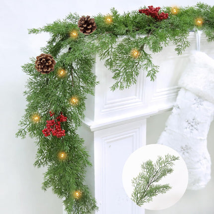 6Ft 20LED Christmas Garland - Cedar Garland - Cypress Garland Realistic-Feel PE Pine Garland Christmas Garland with Lights Timer Pinecone Berried Christmas Decoration for Mantle Fireplace Table Stairs