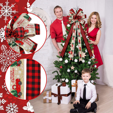 Christmas Tree Topper, 30 x 13 Inches Handmade Buffalo Plaid Decorative Bow, Red Black Christmas Bow Topper, Rustic Farmhouse Xmas Decorations Home Decor