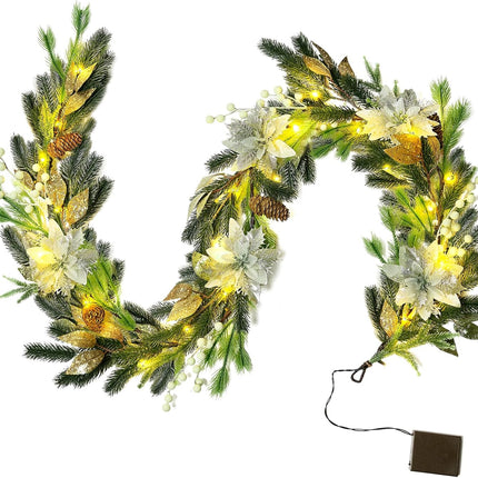 Christmas Garland Decoration with Lights - 9FT 70 LED Lighted Christmas Garland with Pine Cones, Berry Clusters, White Flower, Pine Branches, Leaves, Mixed Decorations for Mantle Fireplace Stairs Door
