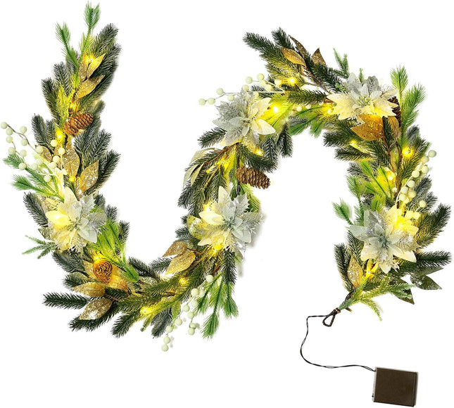 Christmas Garland Decoration with Lights - 9FT 70 LED Lighted Christmas Garland with Pine Cones, Berry Clusters, White Flower, Pine Branches, Leaves, Mixed Decorations for Mantle Fireplace Stairs Door