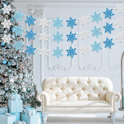 Whaline 4Pcs Snowflake Felt Banner White Blue Snowflake Garland Winter Bunting Garland for Christmas Winter Holiday Hanging Decoration