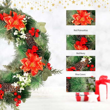 QBA 20 Inch Christmas Wreath for Front Door, Handmade Artificial Wreath with Red Poinsettias Pine Cones Berry Pine Needles for Fireplace Windows Staircase Wall Indoor Outdoor Xmas Decor