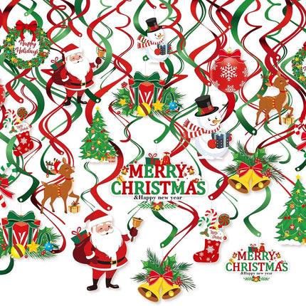 40pcs Christmas Swirls Decoration, Konsait Red Green Party Merry Christmas Hanging Swirls Garland Foil Ceiling Ornaments,Xmas Holiday Party Decor Supplies,Snowman Christmas Tree, Already Assembled