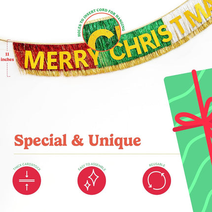 House of Party Merry Christmas Banner Christmas Banner with Foil Fringe Curtains Backdrop 6 Feet Christmas Party Banner for Xmas Party Supplier Xmas Indoor Hanging for Home & Party Decorations