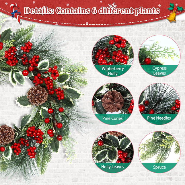 Christmas Wreath, Xmas Wreath for Front Door with Hanger, Farmhouse Rattan Base Christmas Decor with Red Berry Pine Cone Spruce, Artificial Wreath Christmas Decorations for Indoor Outdoor Use, 18 Inch