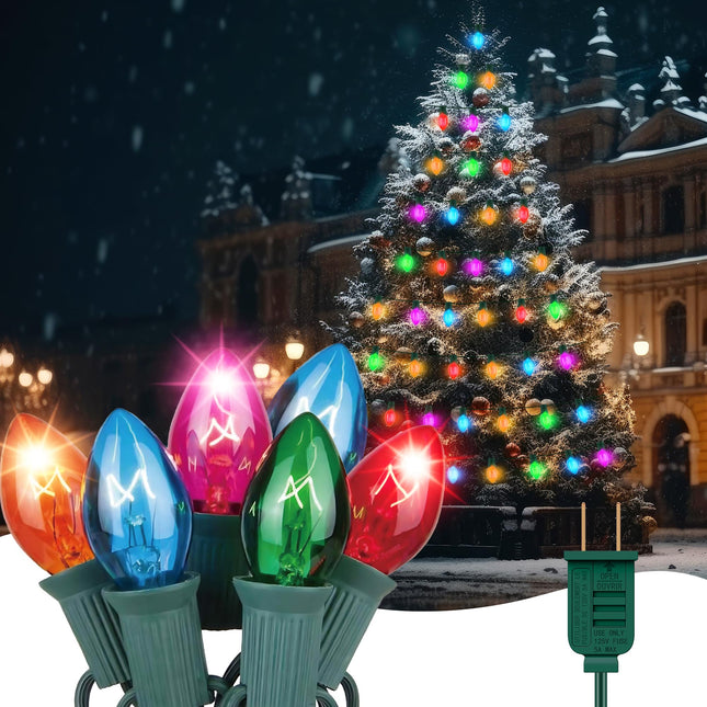 Meonum 74ft 25 Pcs Random Blinking Bulbs, C7 Christmas Lights String, 12 of 25 Lights Twinkle, Outdoor Roofline String Lights Extendable for Around Houses Fences Tree Bushes Decoration(Multicolor)