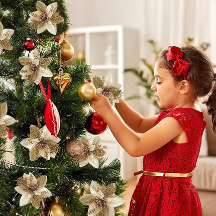 RECUTMS Christmas Tree Ornaments 10Pcs Glitter Poinsettia,Artificial Poinsettia Flowers Xmas Tree Ornaments 6" Wide for Xmas Tree Wreaths Garland Holiday Seasonal Wedding Decorations(Gold)