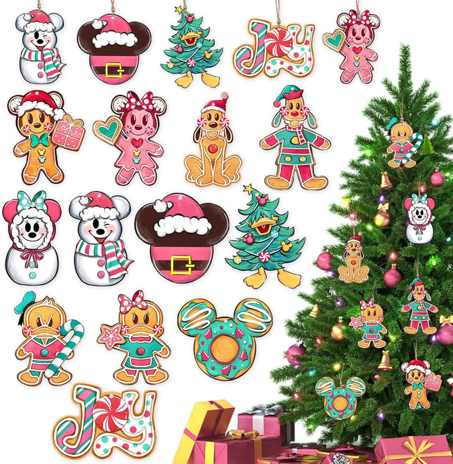 24 Pcs Cartoon Mouse Christmas Tree Ornaments, Gingerbread Man Dog Duck Snowman Wooden Xmas Tree Hanging Decorations Set, Funny Joy Home Decor Winter Holiday Party Supplies with Jute Rope