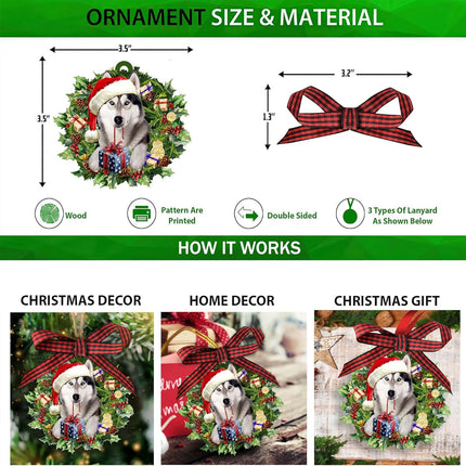 Talataca Siberian Husky Wearing Christmas Hat Wreath 2D Flat Christmas Tree Wood Ornament Decor Wooden Hanging Decoration House Present Xmas Eve Keepsake Decorative