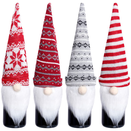 4 Pack Christmas Gnome Wine Bottle Covers Handmade Tomte Swedish Gnomes Wine Bottle Toppers Decorative for Holiday Xmas Year Dining Table Decor Party