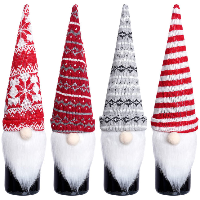 4 Pack Christmas Gnome Wine Bottle Covers Handmade Tomte Swedish Gnomes Wine Bottle Toppers Decorative for Holiday Xmas Year Dining Table Decor Party