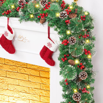 9 FT Christmas Garland with Lights, Lighted Christmas Garland for Mantel, Garlands for Decoration Christmas with Pinecone, Red Berry, Pine, 3 Modes Lighting Christmas Decor for Door, Table, Fireplace