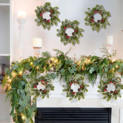 XHXSTORE 6PCS Christmas Candle Rings Christmas Small Wreath 8.26" Artificial Cedar with Pine Cones Farmhouse Wreath Artificial Snowflakes for Front Door Windows Centerpieces Tree Decorations
