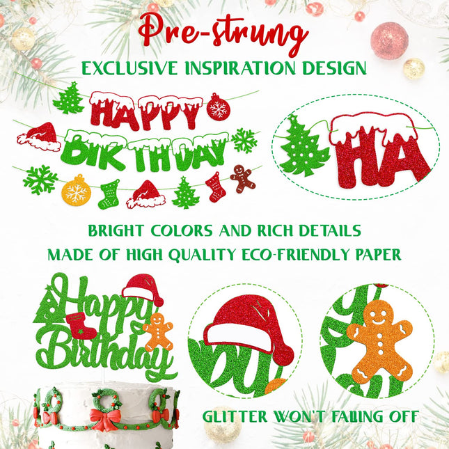 Christmas Birthday Decoration Happy Birthday Banner Christmas Cake Topper Red Green Hanging Swirls Balloons for Merry Christmas Tree Winter Snow Happy Year Theme Party Supplies