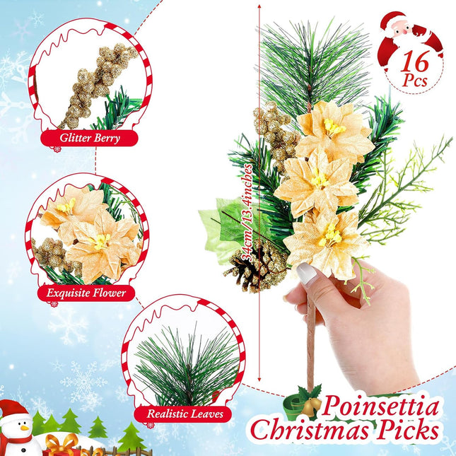 Tigeen 16 Pcs Poinsettia Christmas Flowers 13.4 Inch Artificial Christmas Tree Picks Faux Christmas Flowers Fake Pine Cone Green Leaf Berry Needle Decorative Stems for Holiday Decor DIY Wreath(Gold)