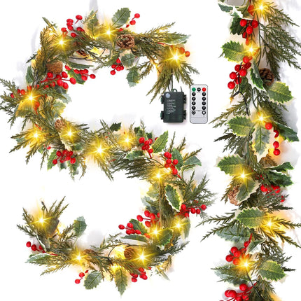 Ceenna 2 Pcs Prelit Christmas Garland with Globe Lights, 12 ft 20 Led Lighted Pine Cone Holly Berry Garland Battery Operated with 8 Modes Timer Remote for Home Fireplace Holiday Decorations (Red)