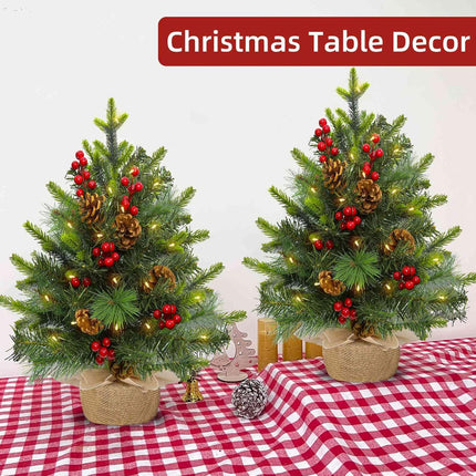 2 Pack 22 Inch Table top Christmas Tree with 60 LED Lights Timer, Realistic-Feel PE Artificial Small Christmas Trees Warm White Lights Pine Cones Red Berried, Xmas Mini Tree for Indoor Home Holiday