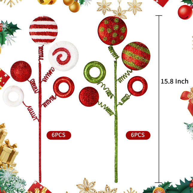 Riceshoot 10 Pack Candy and Lollipop Christmas Tree Picks for Holiday Decorations Christmas Ornament Picks Red Green White Glitter Xmas Tree Topper for Christmas Tree Wreath Decoration Holiday Craft
