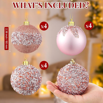 Syhood 12 Pieces Glitter Christmas Ball Ornaments Rhinestone Sequin Christmas Ball Decorations Hanging Plastic Balls for Xmas Trees Wedding Party Holiday Decorations (Rose Gold,3.15 Inch)