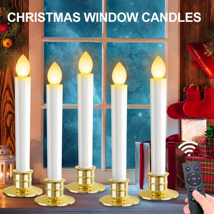 Christmas Window Candles Lights: 10 Pack Flameless Candles Christmas Decorations Taper LED Battery Operated Candles with Remote Control Timer Gold Candle Holders for Window Decor Party Table Top