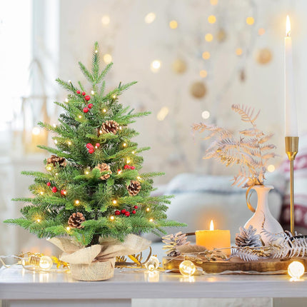 Kadunmina 2ft Prelit Table Top Christmas Tree,Mini Artificial Christmas Tree with 50 Lights&177 Tips&5 Berries&5 Pinecones,Small Tabletop Xmas Tree with Burlap Base for Christmas Table Decor,8 Modes