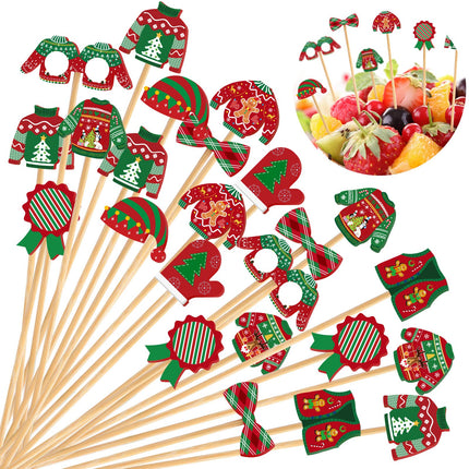 200 Pieces Christmas Cocktail Picks Ugly Sweater Cake Toppers Medals Glasses Gloves Hats Bows Appetizer Toothpicks Christmas Food Picks Skewers for Holiday Drink Fruit Dessert, 4.7 Inches
