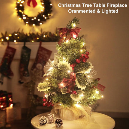 20 Inch Tabletop Mini Christmas Tree with Lights & Timer 20 LEDs Holly Leafed Berried Red Bows Decorated Artificial Small Christmas Tree with Lights Christmas Decorations for Xmas Home Decor