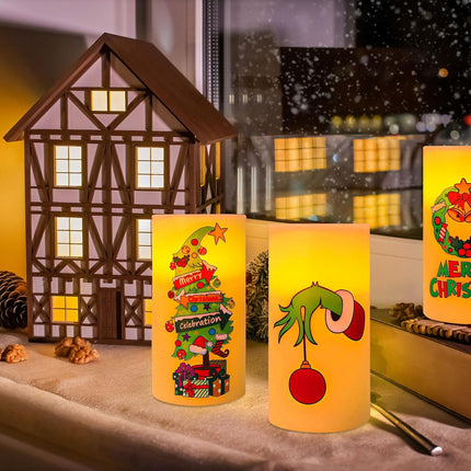 Whaline 3Pcs Merry Christmas LED Flameless Candles Funny Cartoon Characters Flickering Candles Warm Light Battery Operated Pillar Candles Xmas Tree Garland Electric Candles for Holiday Home Decor