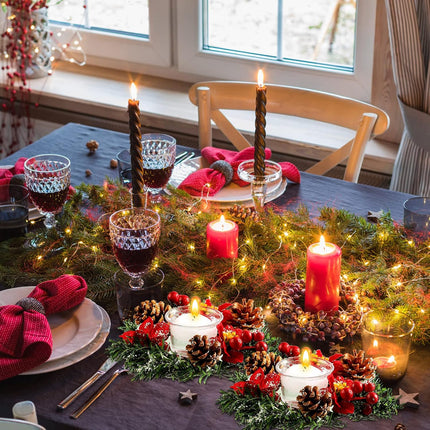 4 Pcs 7 Inch Christmas Poinsettia Candle Holder Red Berries Snowy Pine Needles Candle Rings Xmas Wreath Candle Holder Centerpiece with 4 Pcs Candle Holders Glass for Xmas Home Party Table Decor