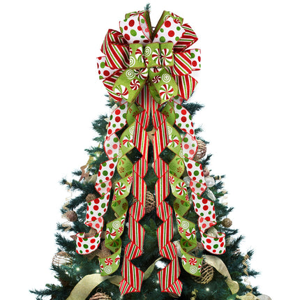 Grinchy Christmas Tree Topper Bow - 45'' x 13'' Large Glitter Polka Dot Wreath Bow with Peppermint Pattern Edge - Christmas Tree and Wreath Decor, Christmas Wired Ribbon Bow Decorations