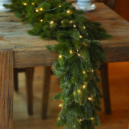 6FT Christmas Garland PARTY JOY Pine Garland with 9.8FT LED Lights String, Greenery Plant for Christmas Decorations Table Mantle Background Wall Room Outdoor Indoor Winter Decoration