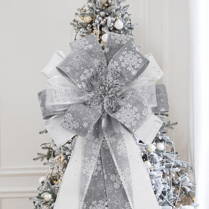 Christmas Tree Topper Bow, 53X13 Inch Artificial Xmas Tree Topper Ornaments for Home, Wedding, Birthday Party, Indoor Outdoor Thanksgiving Christmas Decorations, Grey & Silver