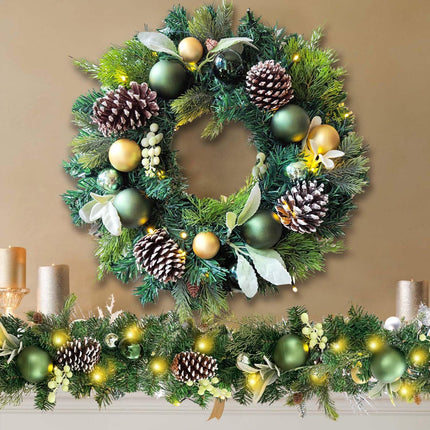 WANNA-CUL Pre-Lit 20 Inch Lighted Christmas Wreath for Front Door Decoration with Green Gold Christmas Ball Ornaments,Battery Operated 30 LED Lights
