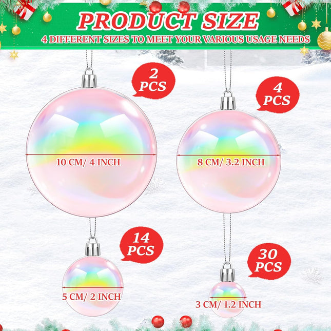Wettarn 50 Pcs Christmas Iridescent Ornaments Balls 1.2'' 2'' 3.2'' 4'' Transparent DIY Shatterproof Hanging Christmas Rainbow Christmas Ornaments Decorations Xmas Tree Wreath Holiday Party(Pink)