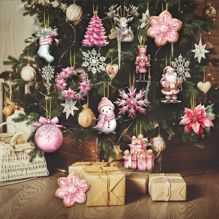 24pcs Pink Christmas Wooden Ornaments Christmas Snowman Santa Elk Garland Wood Decors Christmas Haniging Ornaments Pendants with Ropes for Christmas Tree Home Decor