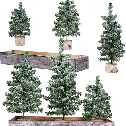 Winlyn Set of 3 Mini Snowy Artificial Canadian Pine Christmas Trees with Wood Bases Small Tabletop Christmas Trees in Rustic Wood Planter for Christmas Winter Table Centerpiece Holiday Decorations